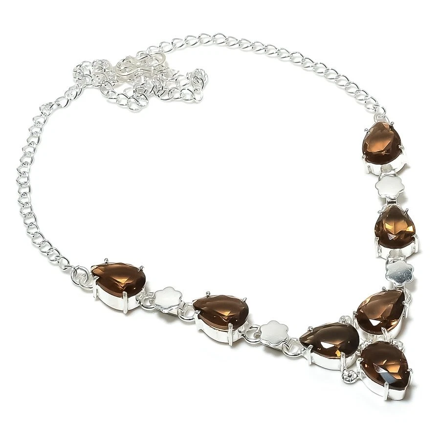 Smoky Quartz Gemstone Handmade 925 Sterling Silver Jewelry Necklace Size 18" - Image 1 of 1