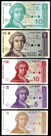 Croatia Set 5 Pcs 1 5 10 25 100 Dinars 1991 P 16 17 18 19 20 UNC Cover