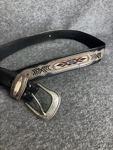 VTG Western Embroidered Belt Mens 38 Native American Black Leather Buckle ISSUES - Picture 1 of 24