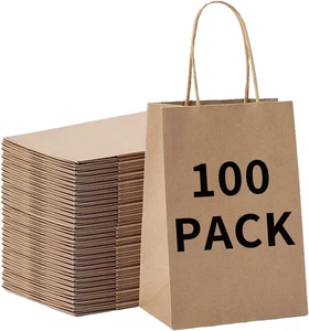 100 Pcs Medium 8.25X4.3X10.6 Inch Brown Kraft Paper Gift Bags with Handles for B - Picture 1 of 12