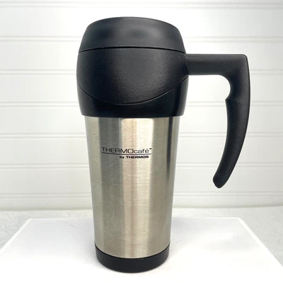 Taza de viaje ThermoCafe Thermo 12 oz acero inoxidable plata y negro 8" de alto Foto 1 de 4