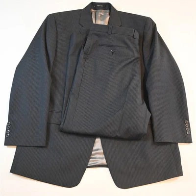 Vtg 2000s Y2K Boxy 44R 36x30 Black Striped 100% Wool Mens Jacket Pants Suit - Image 1 of 4