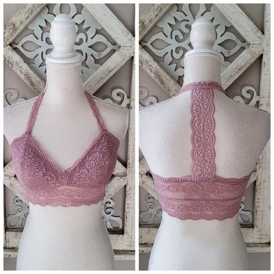 Bralette de encaje halter con correa en T para mujer HYFVE espalda cruzada en rosa malva femenino Foto 1 de 4