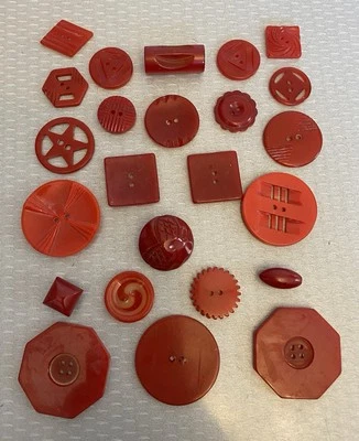Vintage RED ALL Bakelite Button Lot 24 Carved Cherry Tomato Swirl Pierced TESTED - Image 1 of 4