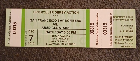 💥2️⃣0️⃣1️⃣3️⃣ ARSD Roller Derby Ticket SF Bombers vs All Stars 12/7/13 Kezar Cover