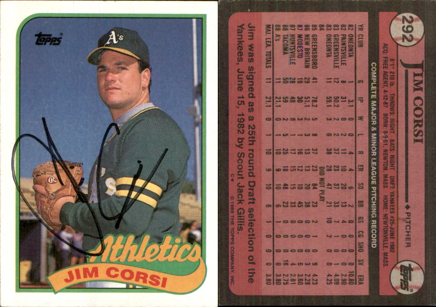 Jim Corsi Signed 1989 Topps #292 Card Oakland Athletics Auto AU