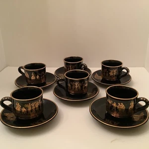 Vintage Set of 6 Greek Mythology Black & 24k Gold Espresso Cups and Saucers - Picture 1 of 15