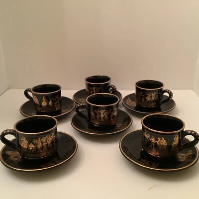 Juego De Colección De 6 Tazas Y Platillos Espresso Mitología Griega Negro Y Oro 24k Foto 1 de 4