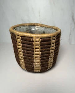 Vintage Wicker Planter Basket Cover Lined 7”x6.5” Boho Bohemian Two - Tone Round - Picture 1 of 9