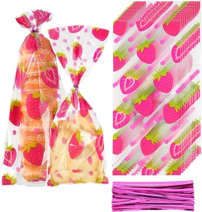 150 Pcs Cellophane Strawberry Themed Party Favor Bags, Strawberry Candy Goodie B - Picture 1 of 7