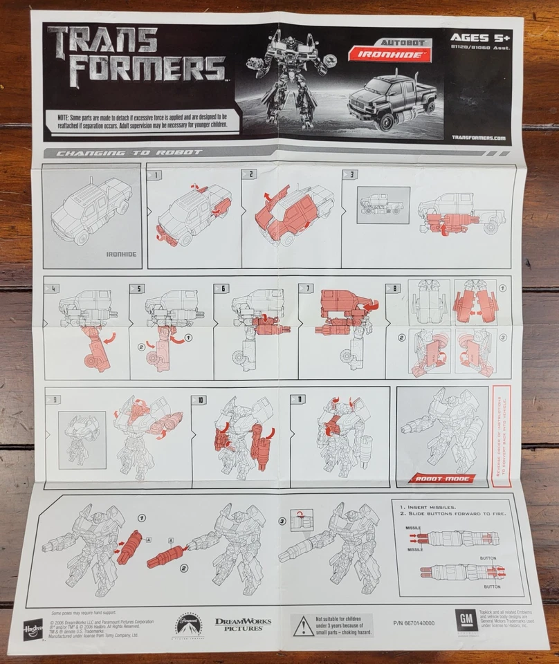 Transformers Movie Ironhide Voyager Class Instruction Sheet Hasbro 2007 - Image 1 of 1