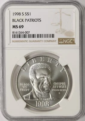 1998-S $1 Black Patriots Commemorative Silver Dollar NGC MS69 - Image 1 of 2
