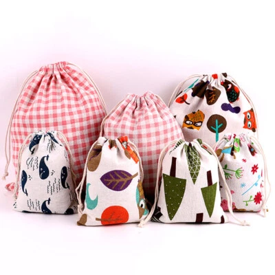 Cotton Linen Drawstring Bag Printed Gift Bags Clothes Toy Travel Organizer Pouch - Image 1 of 4