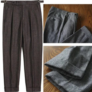 Men's Retro Woolen Gurkha Suit Dress Pants Straight Herringbone Tweed Trousers - Picture 1 of 17