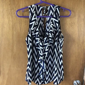 Charlotte Russe Women Sleeveless Top Blouse Navy Cream M Ruffle Front Polyester - Picture 1 of 6