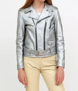 Metallic Silver Women Peplum Leather Jacket Party Style Pure Leather Jacket - Picture 1 of 6