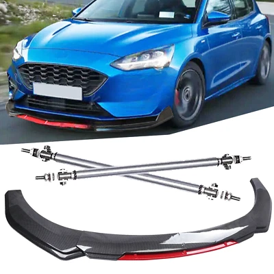 For Ford Focus Fiesta Front Bumper Lip Spoiler Splitter Strut Rods Carbon Fiber — 第 1/4 张图片