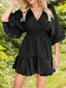 Women's V Neck Dresses Summer Loose High Waist Ruffle Pleated Mini Short Dress - Picture 1 of 13