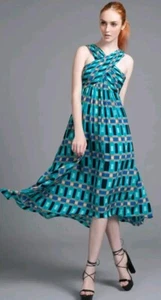 Tracy Reese Size 0 Azure Turquoise Brown Long Hi Lo Halter Dress Criss Cross - Picture 1 of 12