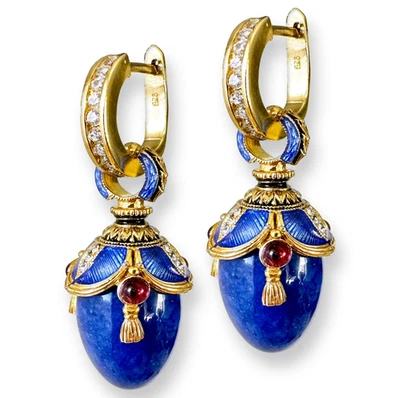 Brincos de ovo fabergé prata 925 lápis azul cristal Swarovski esmalte granada argolas - Imagem 1 de 4