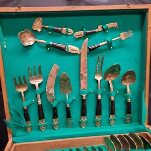 Vintage MCM Siam Sitting Buddha 144 pc Teak Wood & Brass Flatware Set with Case - Picture 1 of 11