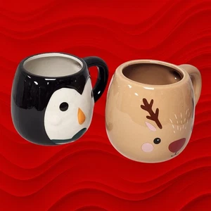 Entzückende Pinguin & Rentier Weihnachtstassen Set 400ml Keramik Heißgetränk Becher Paar - Bild 1 von 7