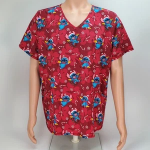 Disney Women's Christmas Lilo & Stitch Print Scrub Top Pockets XL - Picture 1 of 10