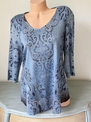 One World Womens M Knit Top Blue Embellished 3/4 Sleeve Mom Chiffon Trim V Neck - Image 1 of 4