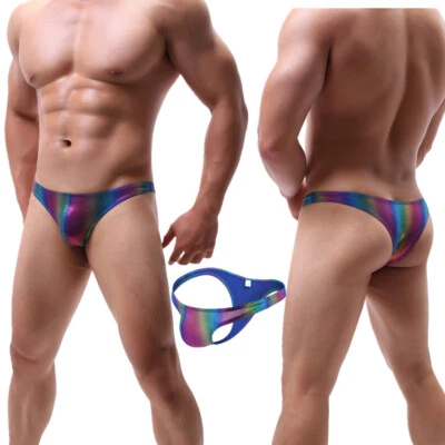 Rainbow Men Stripe Shiny Briefs Underpants Male Gay Sexy G-String Thongs Bikinis - Image 1 of 4