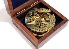 3" Sundial Compass with Teak Wood Box Inlaid with Solid Brass Rustic Vintage