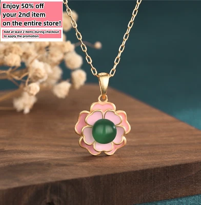 Pingente de lótus de jade pingente colar berloque folheado a ouro 18K corrente flor pedra preciosa delicada - Imagem 1 de 4