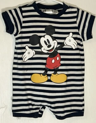 H&M Bebé Niño 2-4M Conjunto de Una Pieza Mickey Mouse Azul/Blanco Rayas Manga Corta  Foto 1 de 4