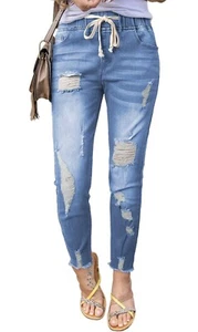 Sidefeel Women Pull-on Distressed Denim Joggers Elastic Waist Stretch Pants - Picture 1 of 3