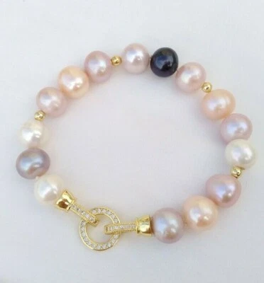 7.5-8 Inch AAA South Sea White Multi-color Black Pearl Bracelet 14k Gold P - Image 1 of 4