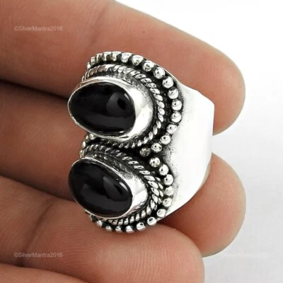 Agosto Naturale Onice Regalo di Natale Cocktail Anello Vero 925 Argento Sterling - Immagine 1 di 4