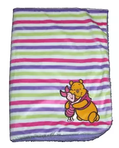 Disney Winnie the Pooh Piglet Pink Purple Green Stripe Baby Blanket Sherpa EUC - Picture 1 of 2