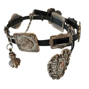 VTG 1993 BRIGHTON Concho Medallion Leather Belt Sz S Black Silver Y2K Whimsigoth - Picture 1 of 12
