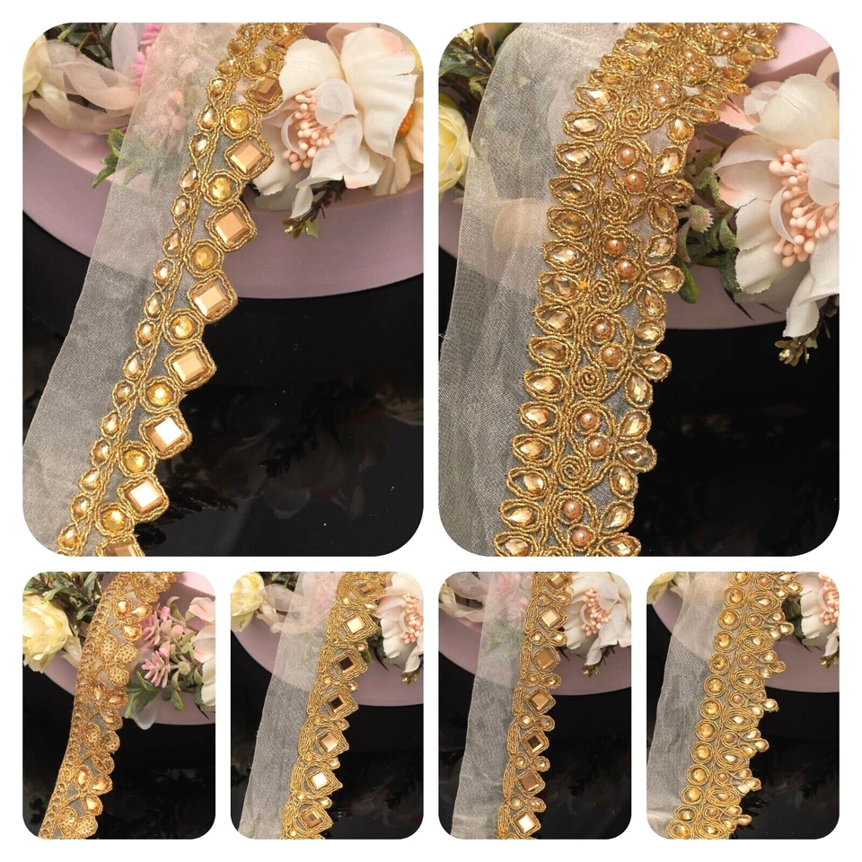 1 Yard Golden Sequence Beads Stud Metallic Zari Lace Trim Edging Sewon Embellish - Image 1 of 1