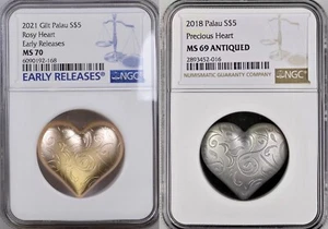 2 Precious Heart 3D Shaped 1oz .999 Silver Coins Rosy/Antiqued NGC MS70 Low Mint - Picture 1 of 7