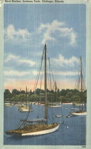 Postal de lino de veleros en puerto de barcos Jackson Park Chicago Illinois - Imagen 1 de 2