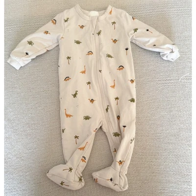 FIRSTS by petit lem Cream + Green Dinosaur Print Zippered Footed Sleeper 6 Month - Image 1 of 4