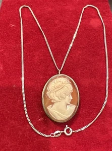 Vtg Carnelian Cameo Shell 1.5”x1” 800 Fine Silver Pendant on 925 18”Necklace - Picture 1 of 8