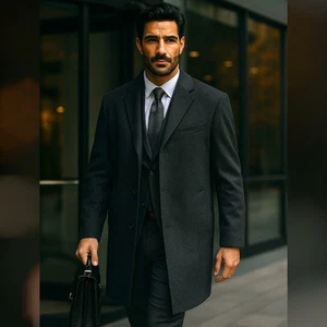 Cardinal of Canada Mens 46R Charcoal Overcoat Wool Cashmere Blend Classic Trench - Picture 1 of 12