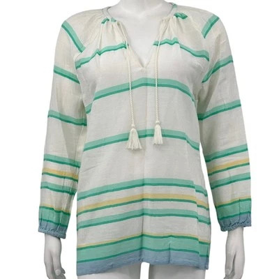 Joie Top Mujer XS Verde Rayas Campesina Túnica Borlas Transparentes Costera Boho Playa Foto 1 de 4