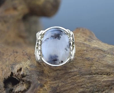 Sterling Silver Black Moss or Dendritic Agate Wire Wrapped Ring - Image 1 of 4