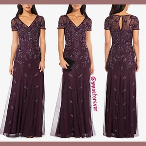 NWT $349 Adrianna Papell Floral Beaded Godet Gown in Night Plum [SZ 4 ] #S13 - Picture 1 of 12
