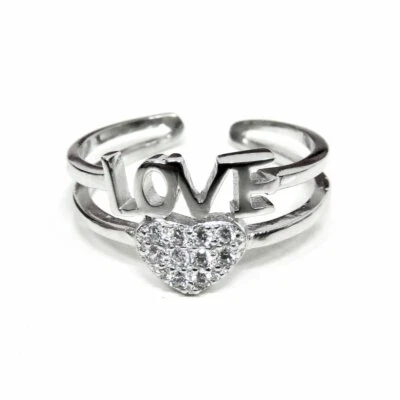 Anello Cuore Love in Argento Sterling 925 e Zirconi Bianchi Misura Regolabile  - Immagine 1 di 2