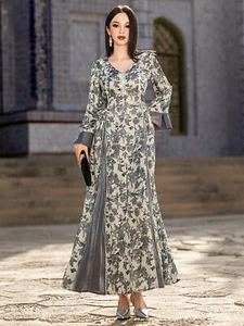 Eid Muslim Abaya Elegant Women satin Print V-Neck Kaftan Hand Sewn Drill Dress - Foto 1 di 25