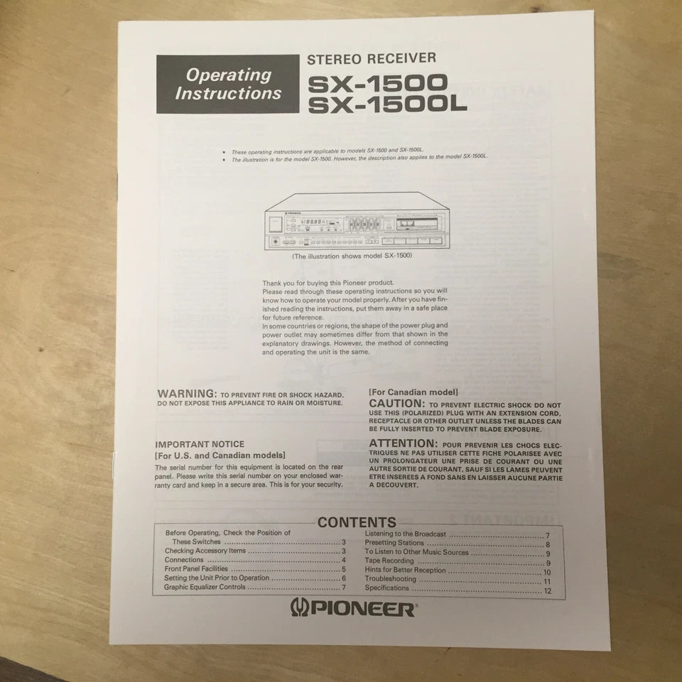 Original Pioneer Owner Operator Manual for the SX-1500 SX-1500L Receiver - Image 1 of 1