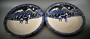 Folkcraft Spongeware Wolf Dinner Plates Set Of Two Tienshan Dinnerware - Picture 1 of 2